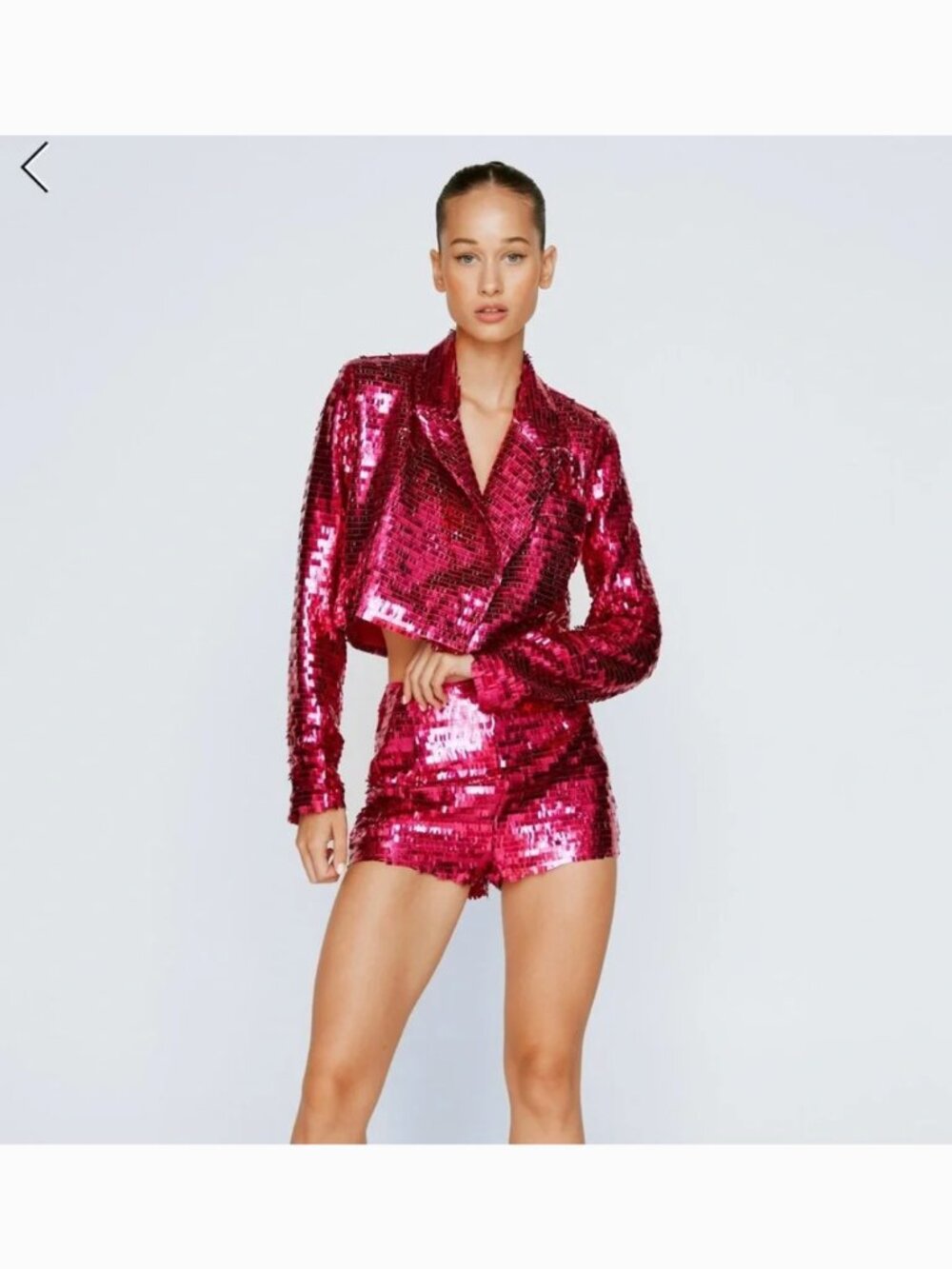 Nasty Gal Cropped Sequin Blazer with Matching Sequin Shorts Hot Pink